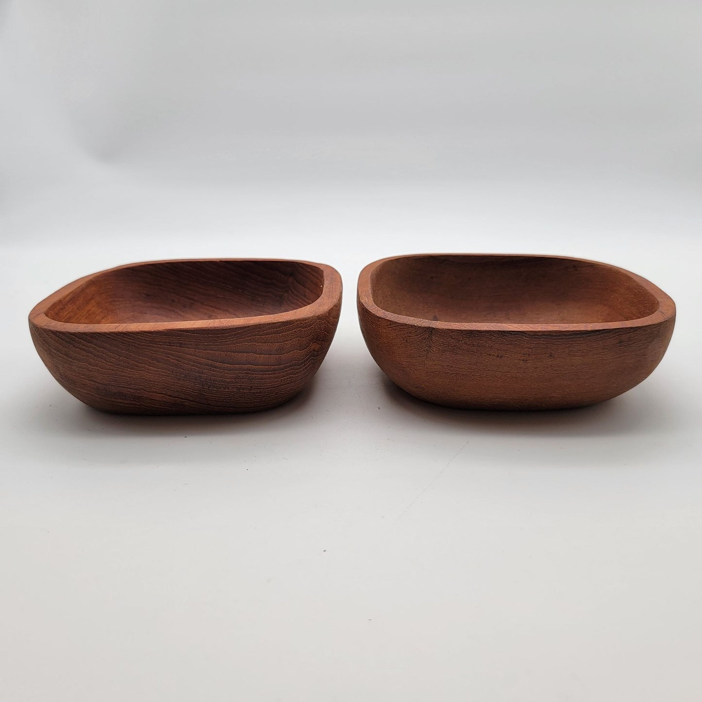 Pair Of Mid-Century Solid Hand-Carved Square Teak Wood Bowls