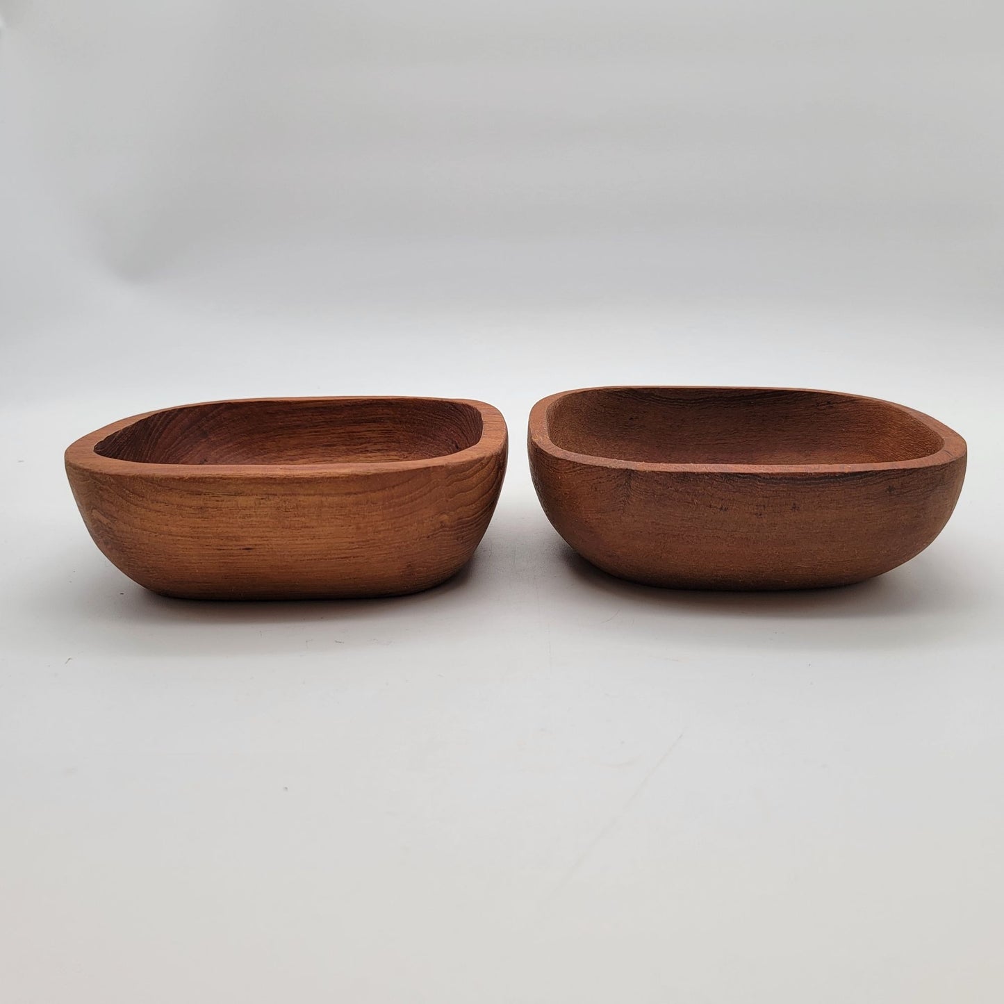 Pair Of Mid-Century Solid Hand-Carved Square Teak Wood Bowls