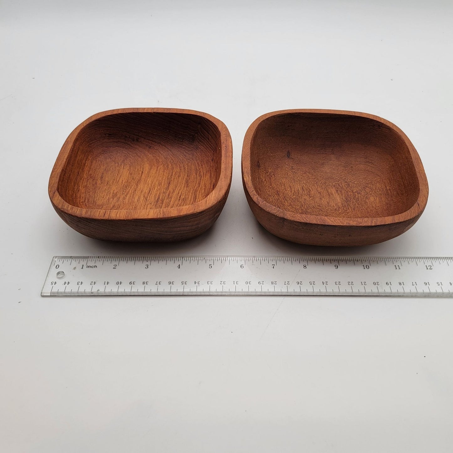 Pair Of Mid-Century Solid Hand-Carved Square Teak Wood Bowls