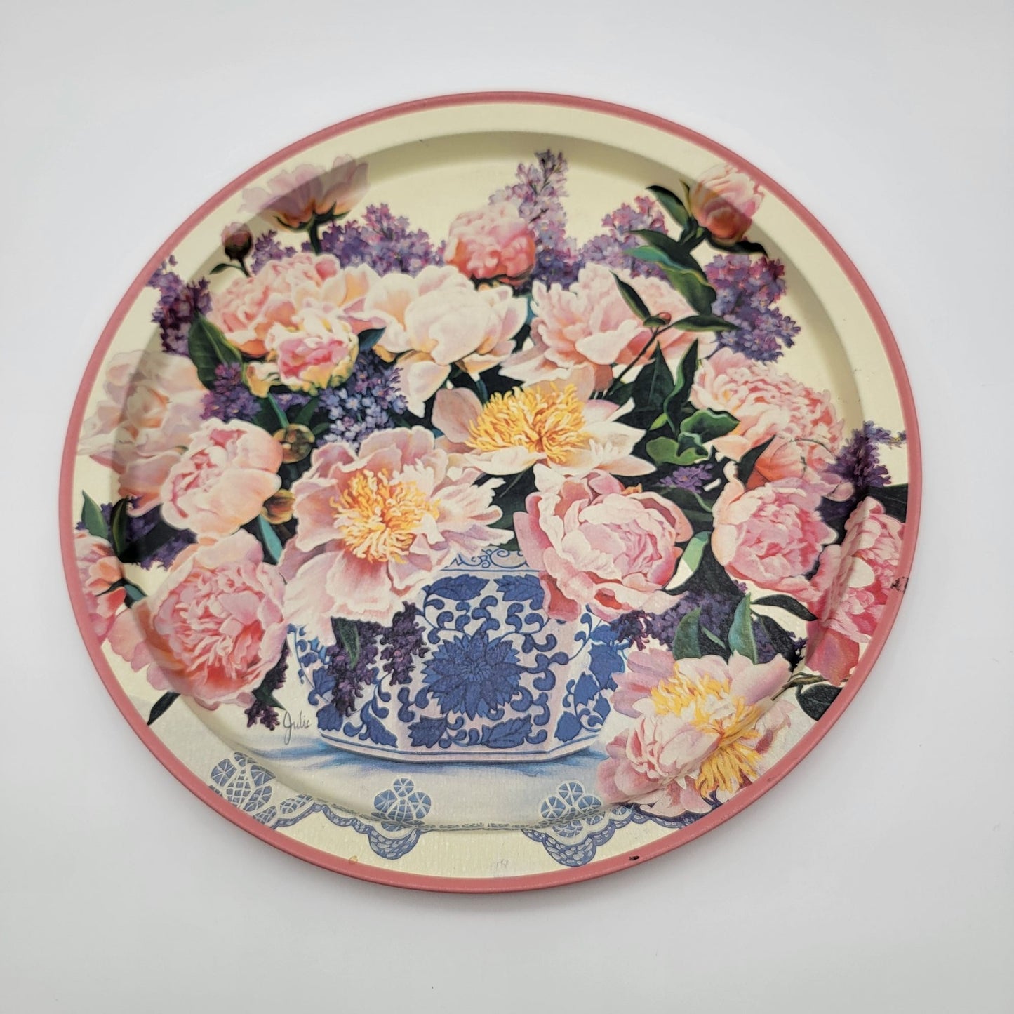 Vintage Julie Inman For Potpourri Designs Round Tin Tray With Peonies & Lilacs