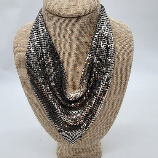 1970s Whiting and Davis Mesh Bib Necklace Silver Tone