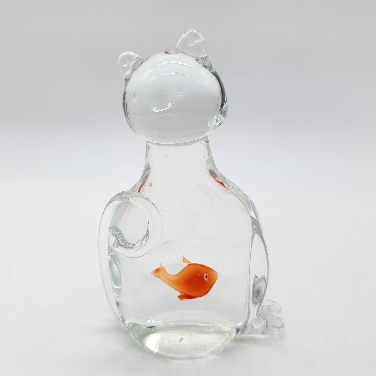 Hand-Blown Glass Cat Sculpture With GoldFish In Belly