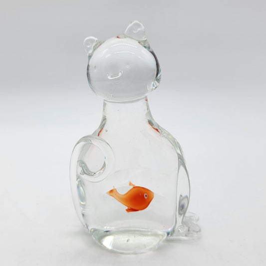 Hand-Blown Glass Cat Sculpture With GoldFish In Belly