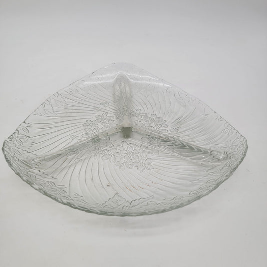 Vintage 1980 Grandeur Glass Divided Serving Dish With Floral Pattern