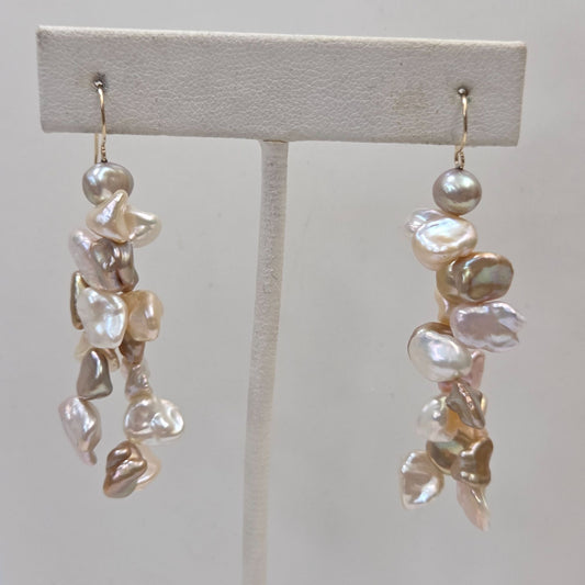 Keshi Pearl Cluster Dangle Earrings With On 14K Gold Hooks