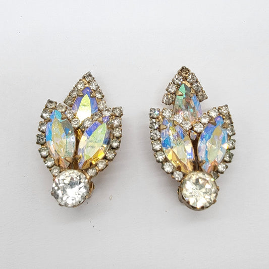 1950s Weiss Aurora Borealis Rhinestone Clip On Earrings