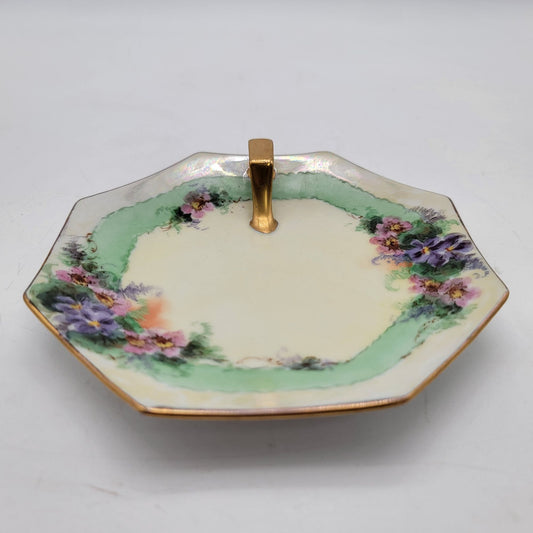 Hand-Painted Floral Porcelain Nappy Dish With Gold Handle Octagonal Shape Iridescent Finish