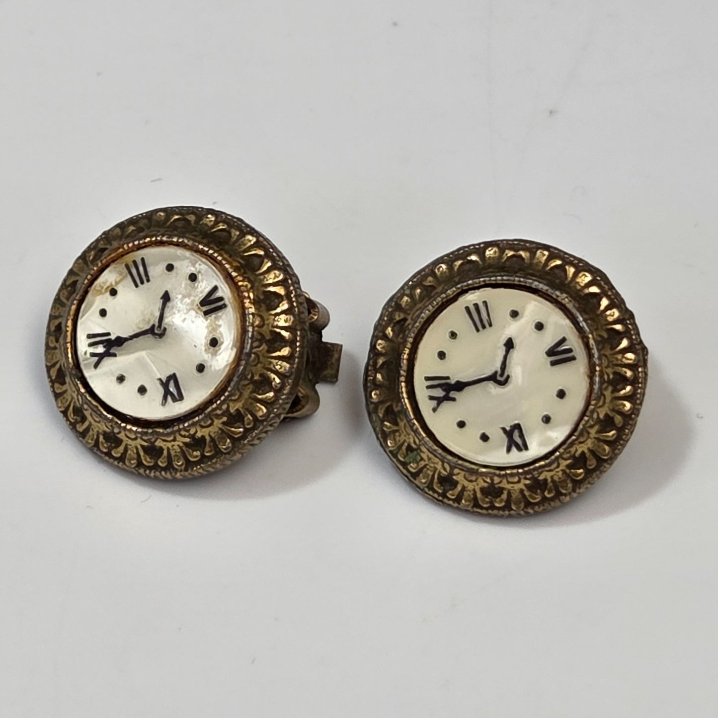 Vintage Mother of Pearl Clock Face Clip-On Earrings Signed ART