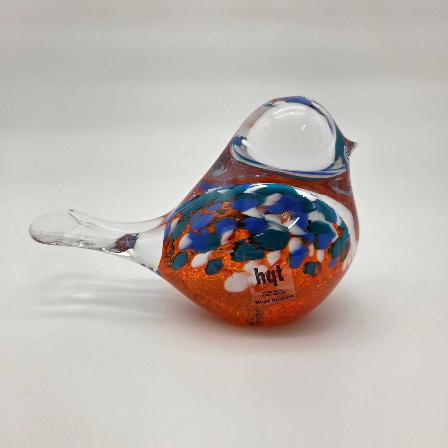 Art Glass Bird Sculpture Blue White & Orange