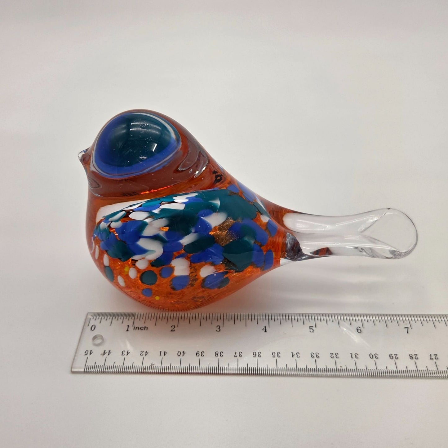 Art Glass Bird Sculpture Blue White & Orange