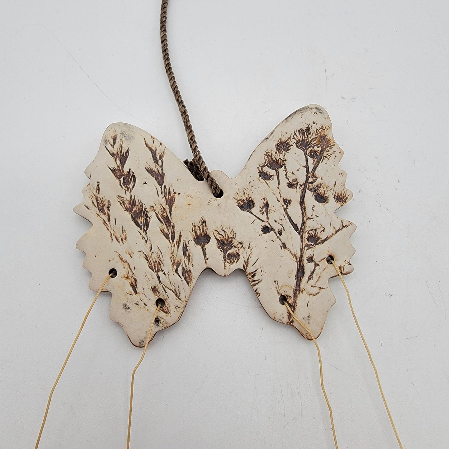 Vintage 1990's Butterfly Pottery Wind Chimes With Botanical Imprints