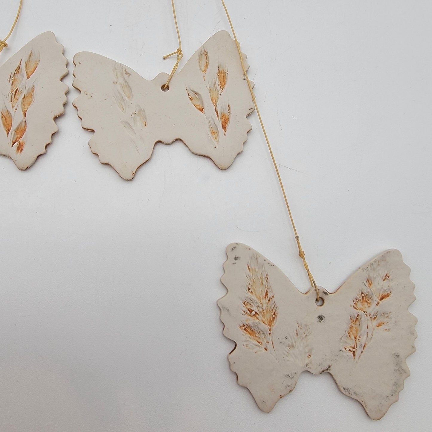 Vintage 1990's Butterfly Pottery Wind Chimes With Botanical Imprints
