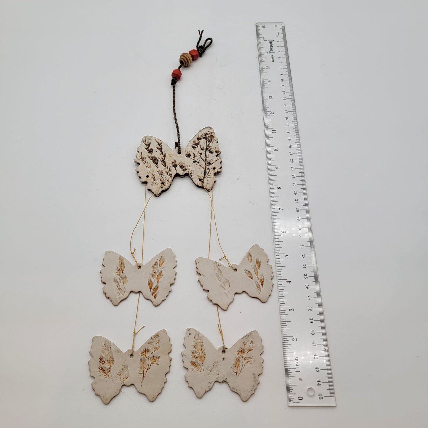 Vintage 1990's Butterfly Pottery Wind Chimes With Botanical Imprints