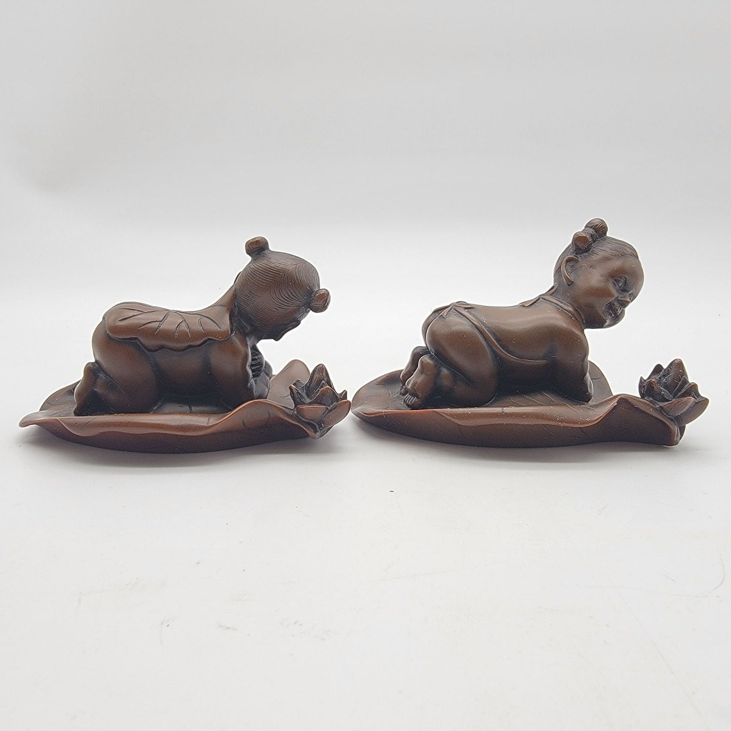Pair Of Vintage Asian Boxwood Lotus Child Carvings