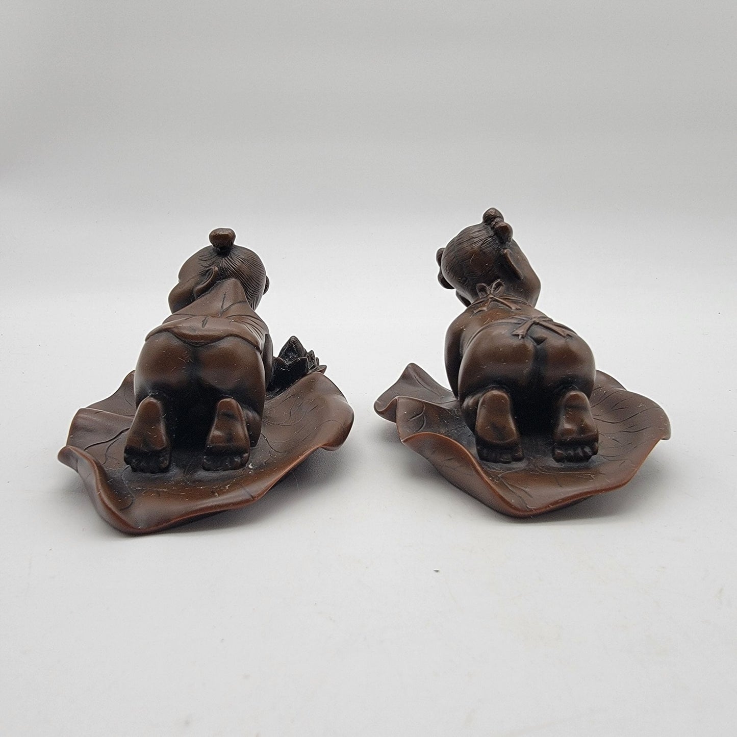 Pair Of Vintage Asian Boxwood Lotus Child Carvings