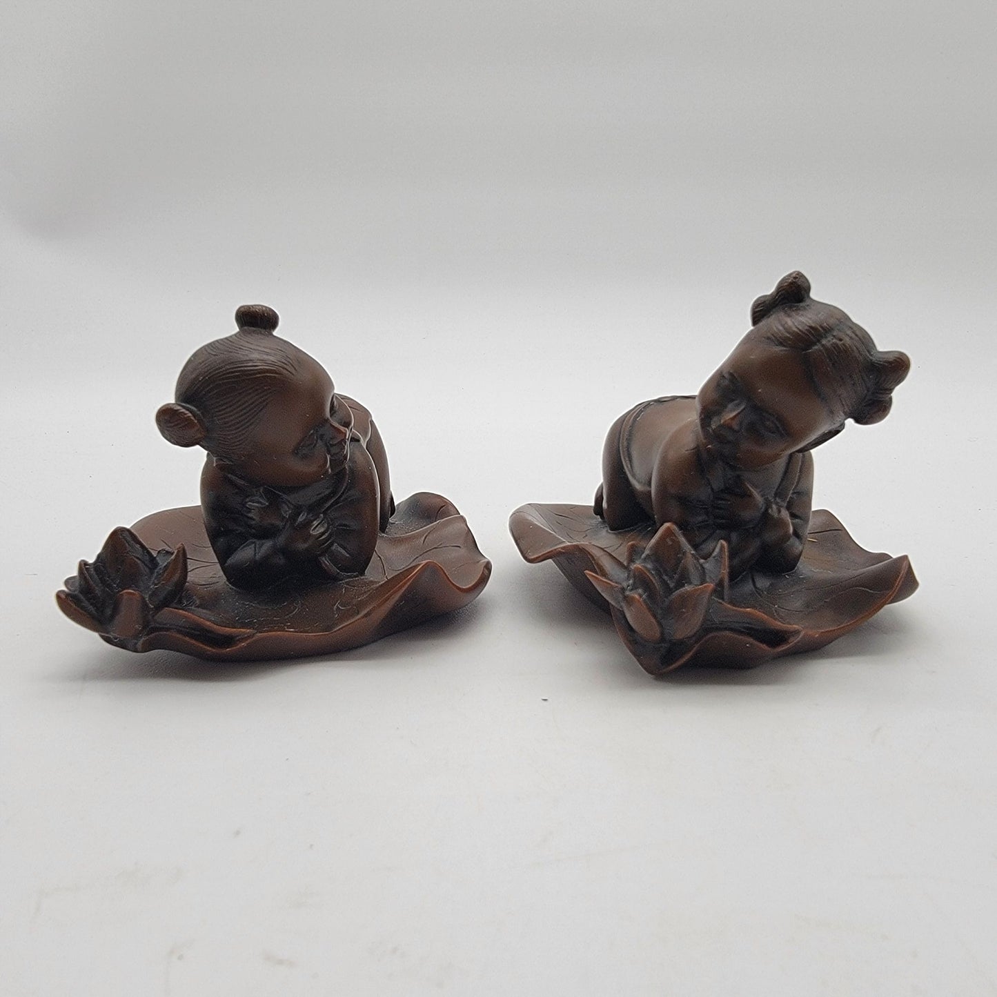 Pair Of Vintage Asian Boxwood Lotus Child Carvings