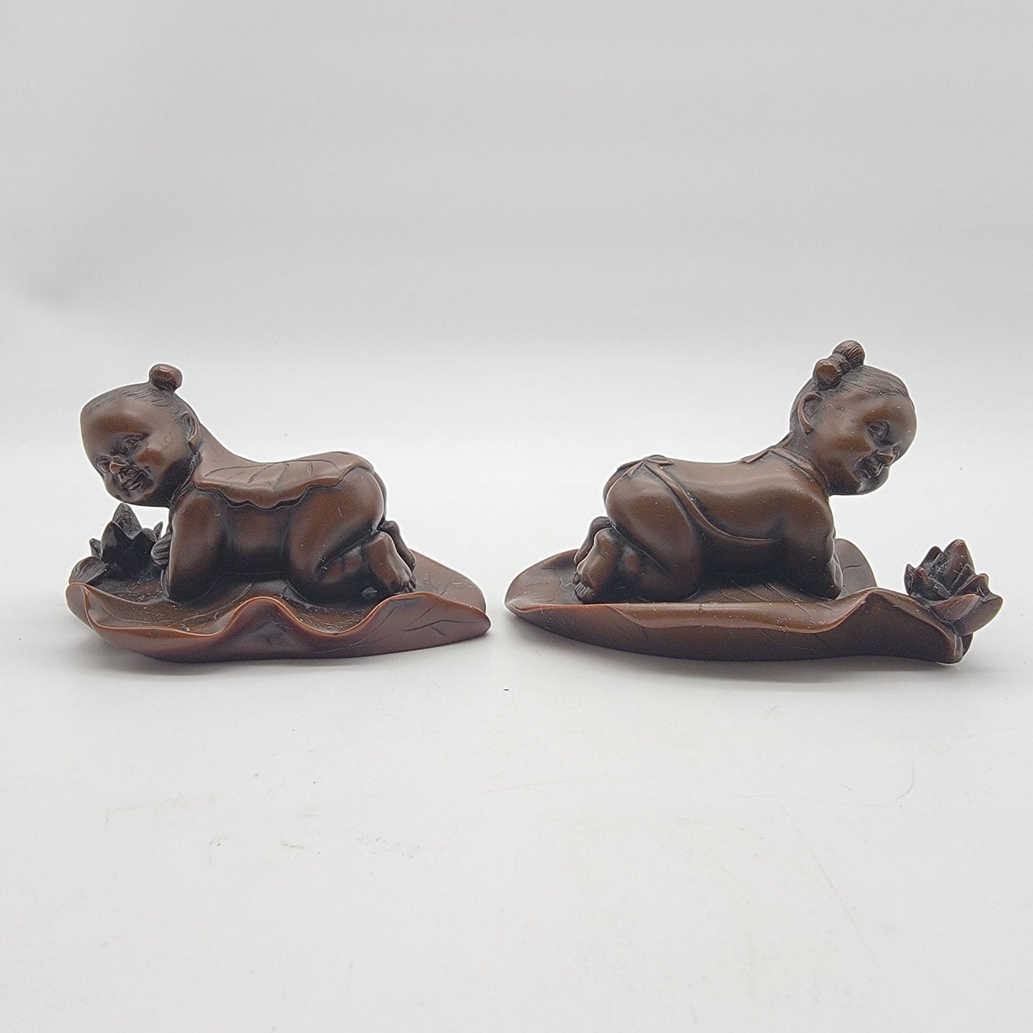 Pair Of Vintage Asian Boxwood Lotus Child Carvings
