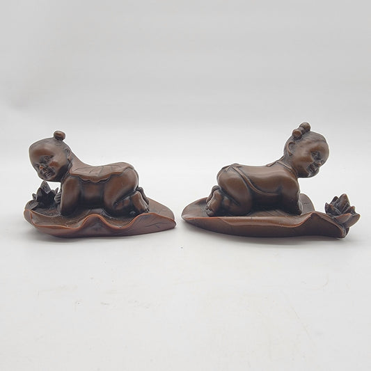 Pair Of Vintage Asian Boxwood Lotus Child Carvings
