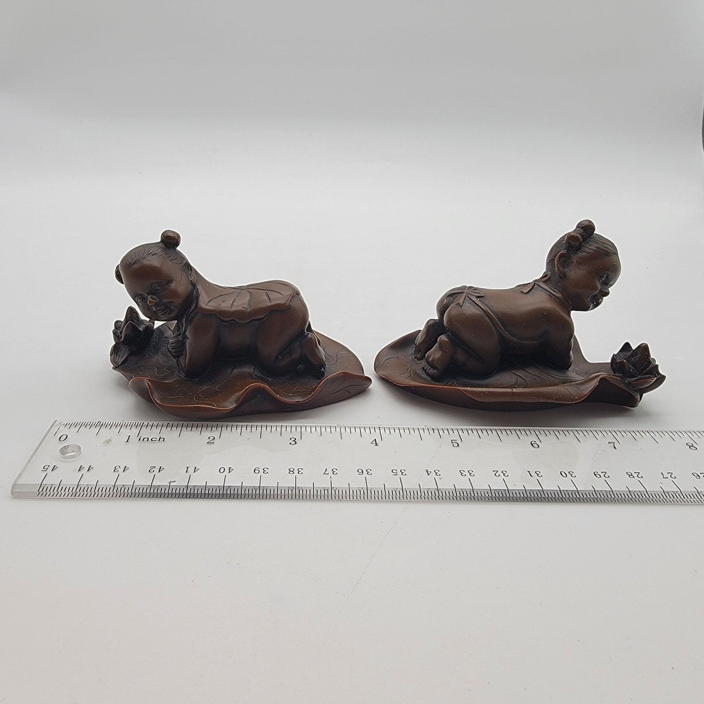 Pair Of Vintage Asian Boxwood Lotus Child Carvings