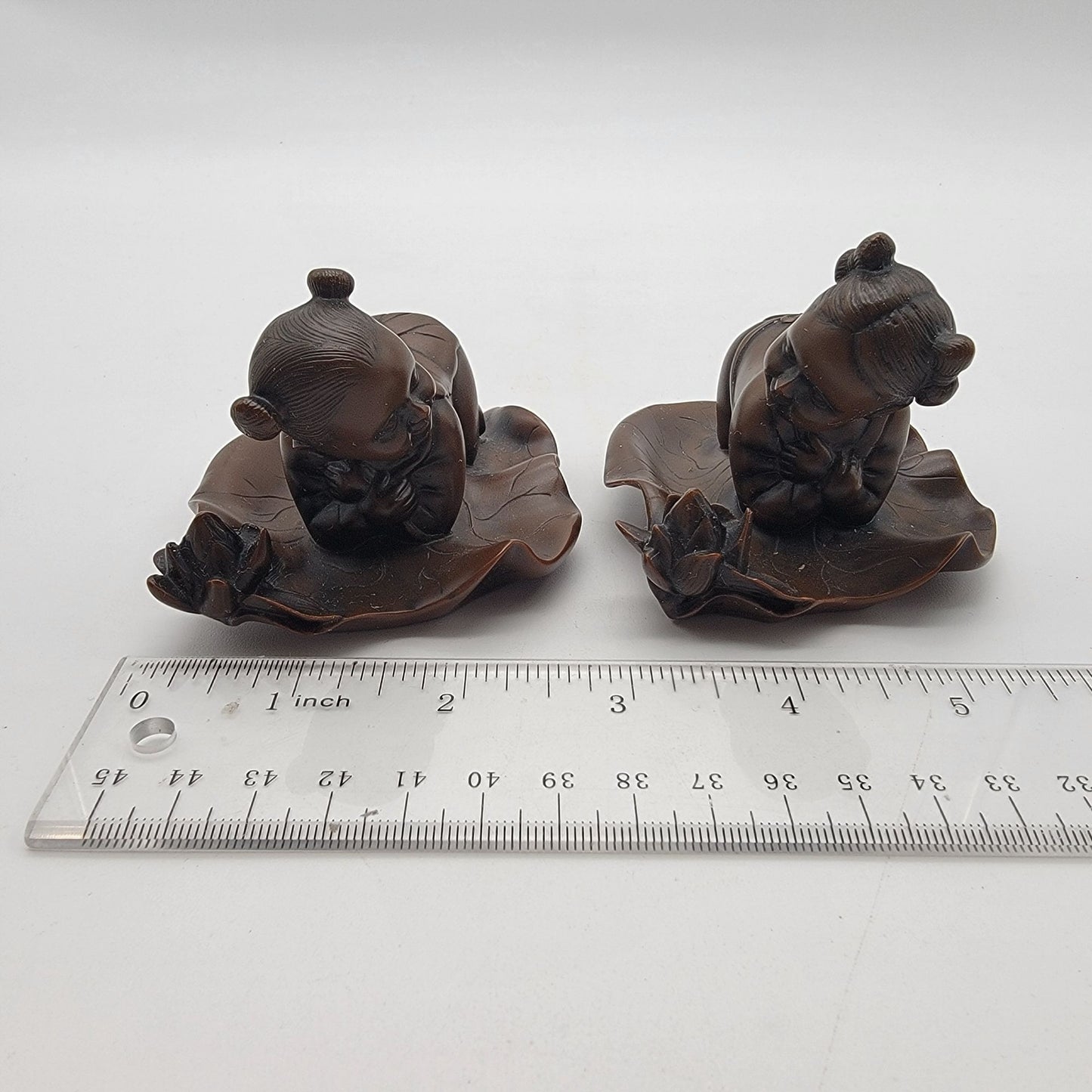 Pair Of Vintage Asian Boxwood Lotus Child Carvings