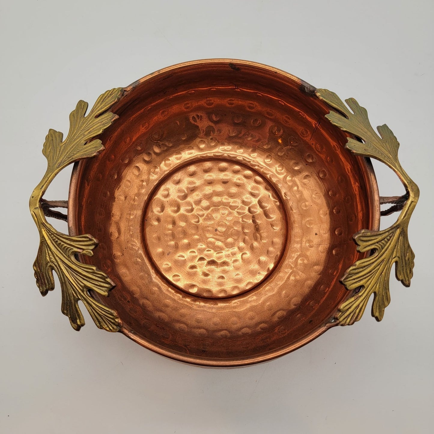 Hammered Copper and Brass Bowl With Oak Leaf Handles