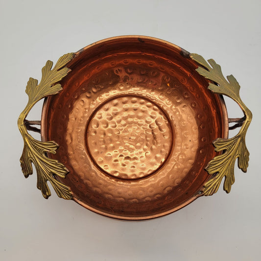 Hammered Copper and Brass Bowl With Oak Leaf Handles