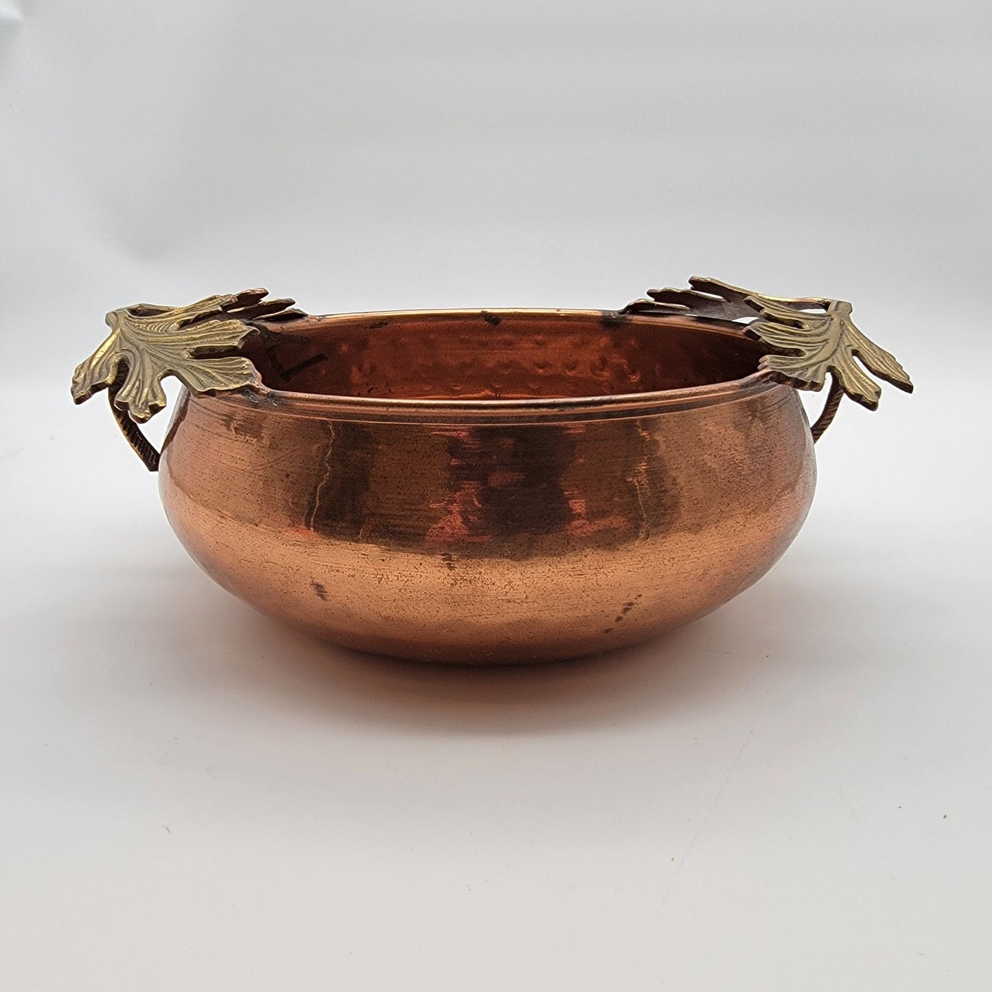 Hammered Copper and Brass Bowl With Oak Leaf Handles