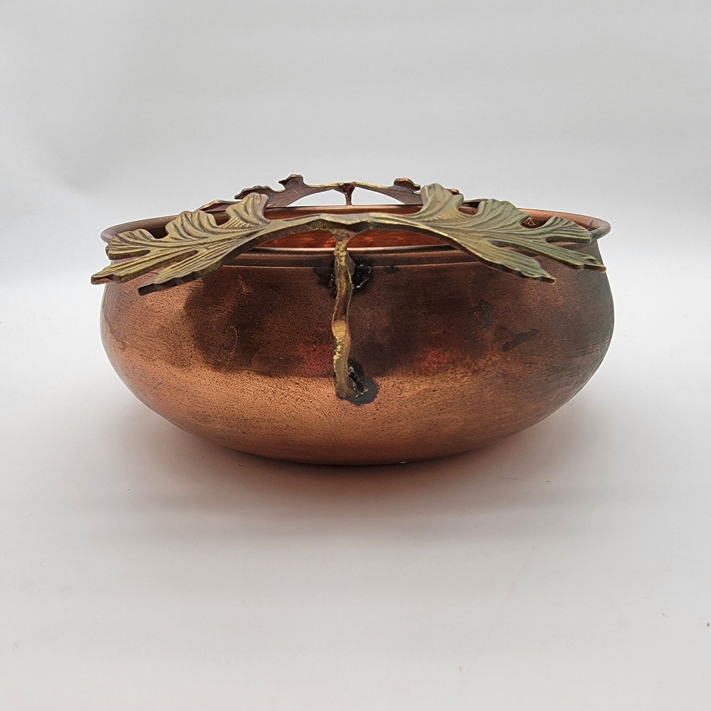 Hammered Copper and Brass Bowl With Oak Leaf Handles
