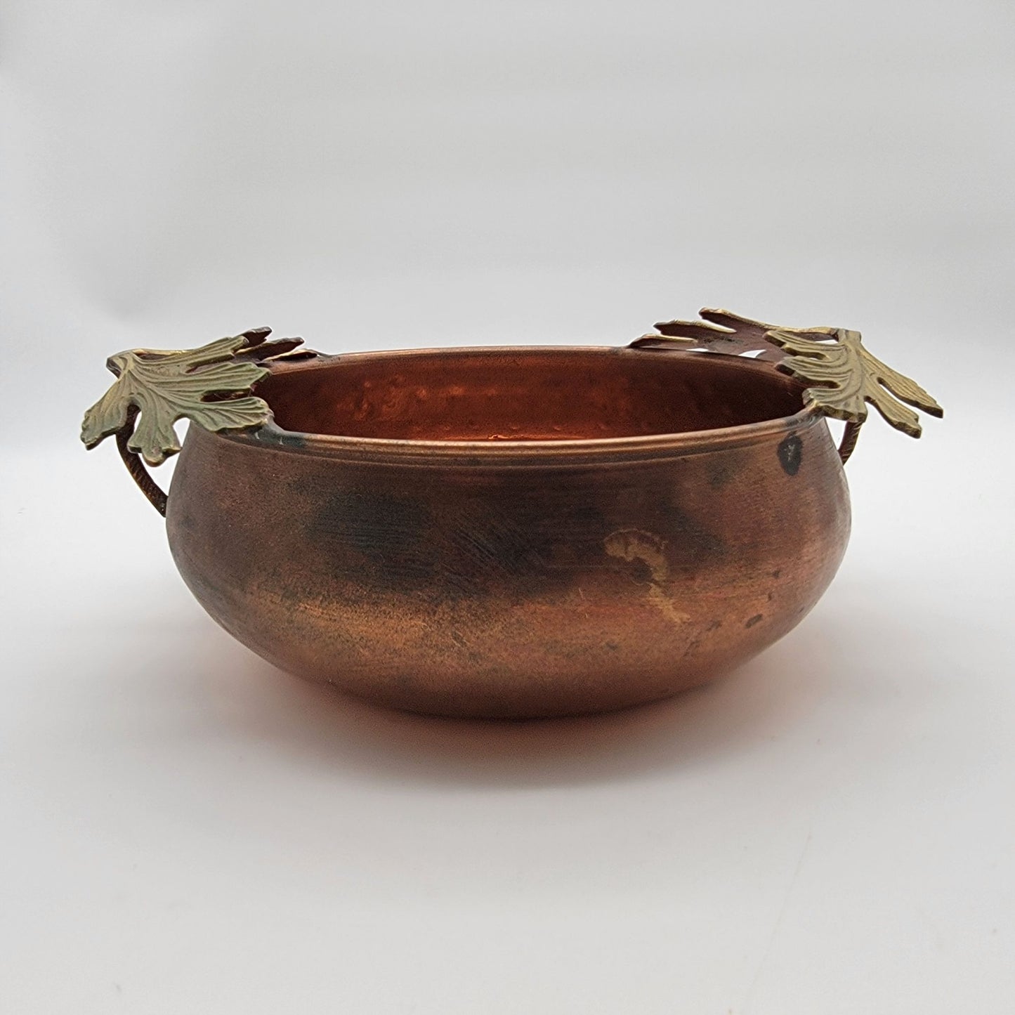 Hammered Copper and Brass Bowl With Oak Leaf Handles