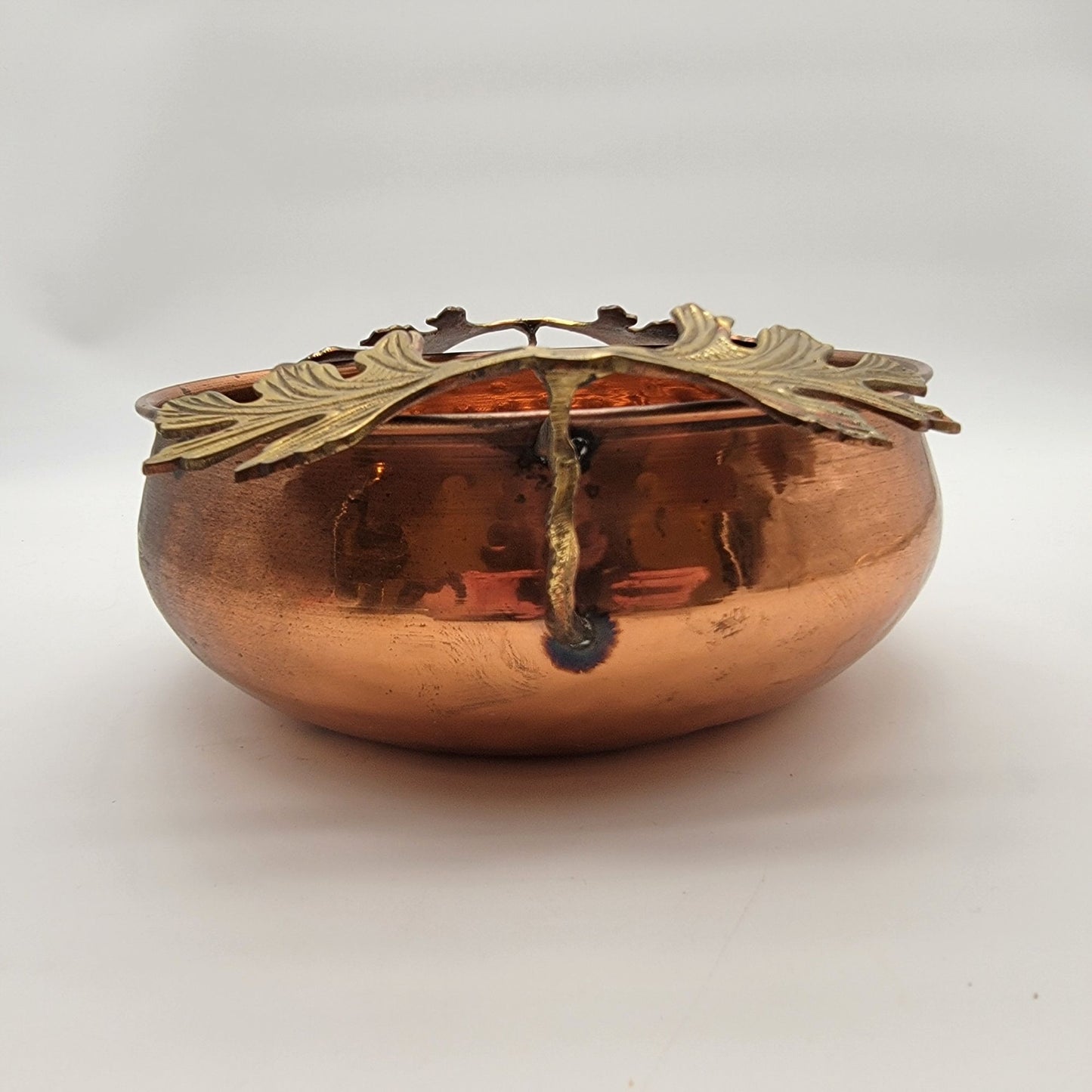 Hammered Copper and Brass Bowl With Oak Leaf Handles