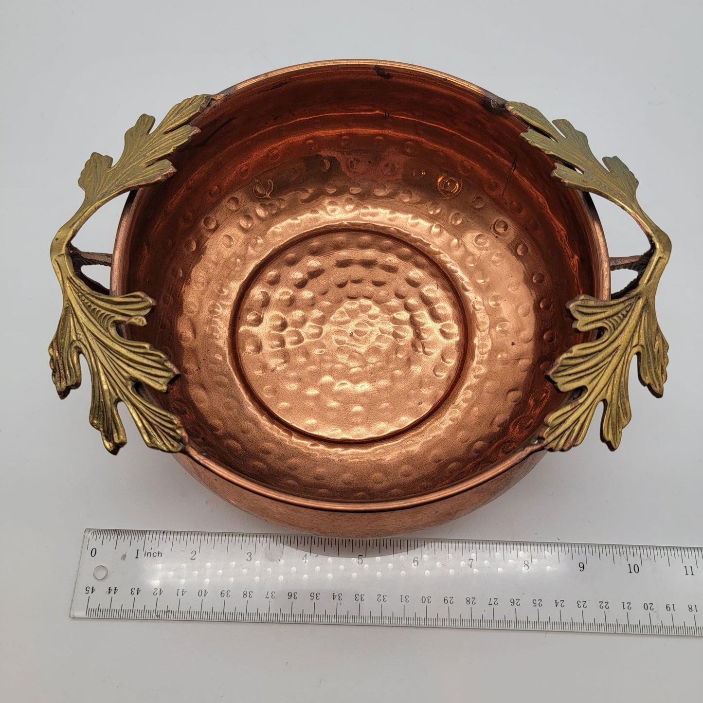 Hammered Copper and Brass Bowl With Oak Leaf Handles