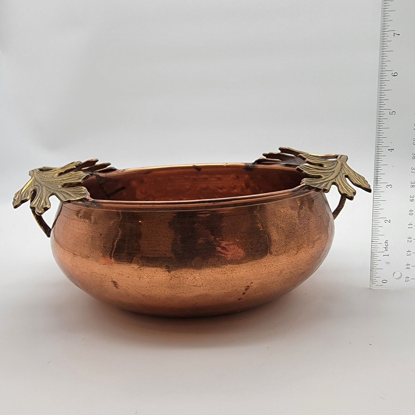 Hammered Copper and Brass Bowl With Oak Leaf Handles
