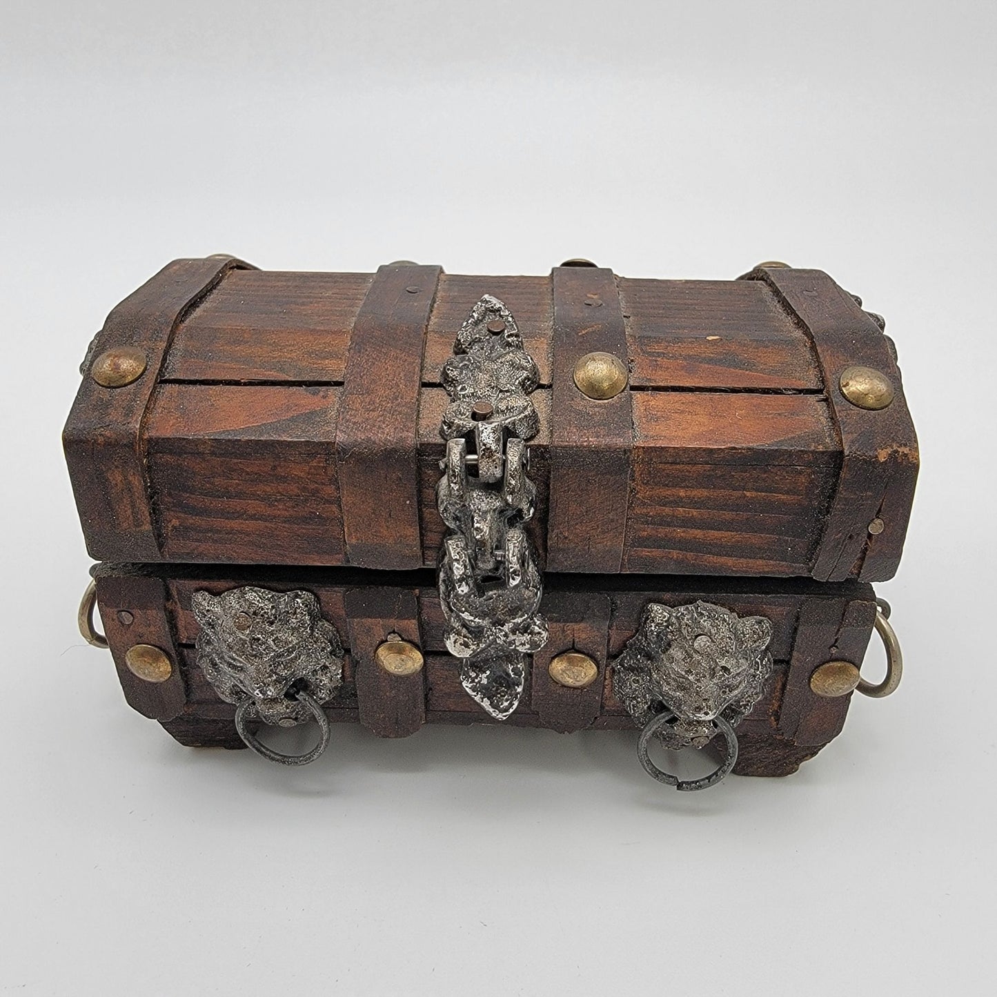 Vintage Wooden Treasure Chest Box With Ornate Lion Head Handles & Metal Accents