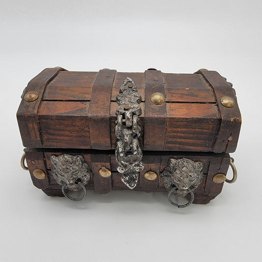 Vintage Wooden Treasure Chest Box With Ornate Lion Head Handles & Metal Accents