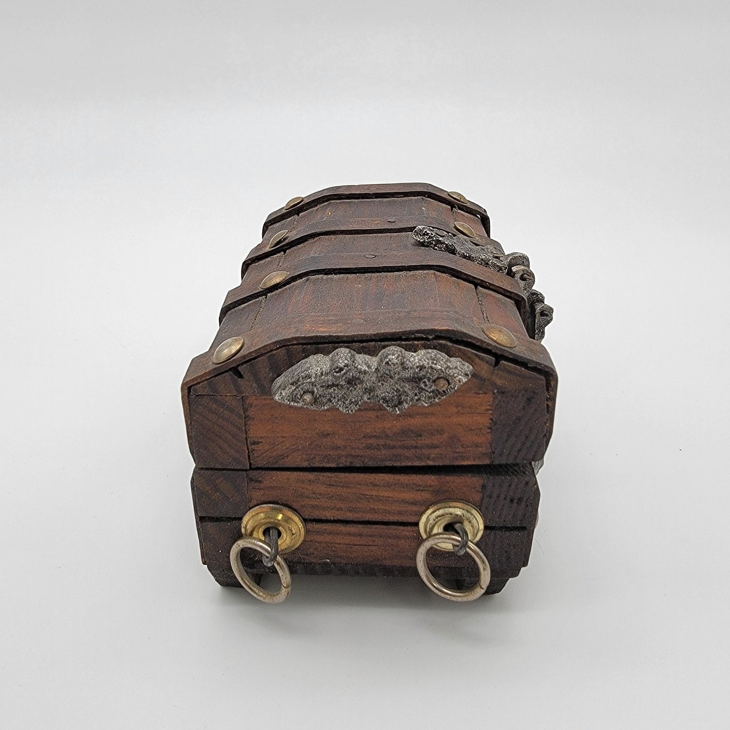Vintage Wooden Treasure Chest Box With Ornate Lion Head Handles & Metal Accents