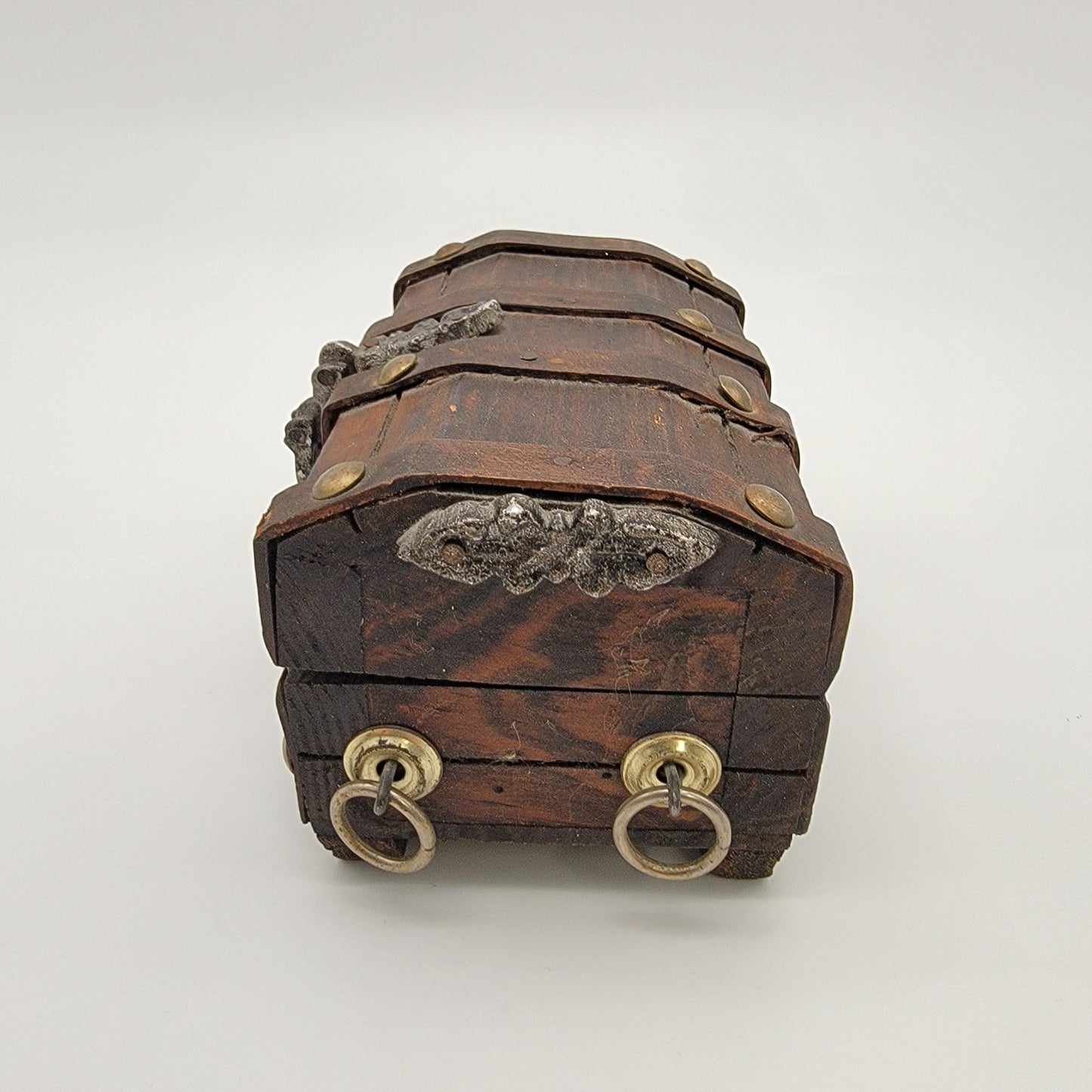 Vintage Wooden Treasure Chest Box With Ornate Lion Head Handles & Metal Accents