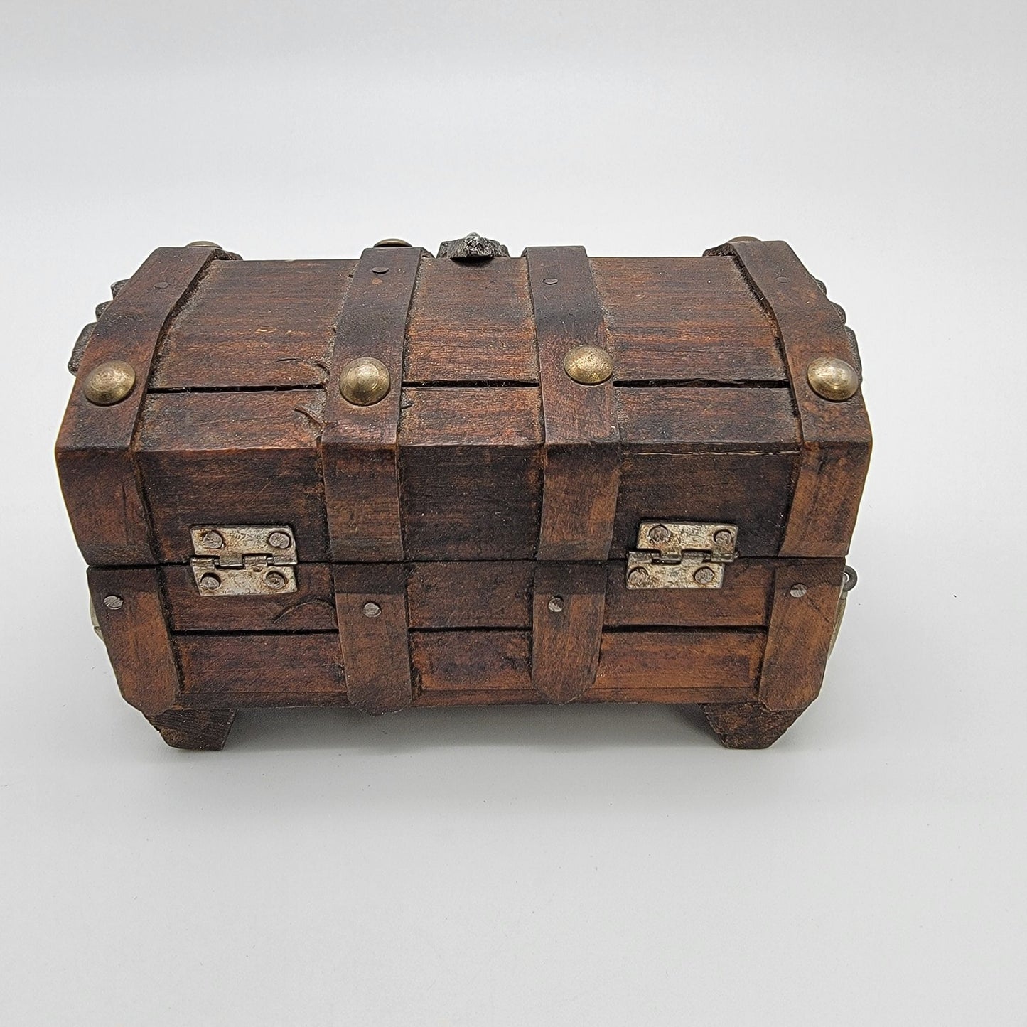 Vintage Wooden Treasure Chest Box With Ornate Lion Head Handles & Metal Accents