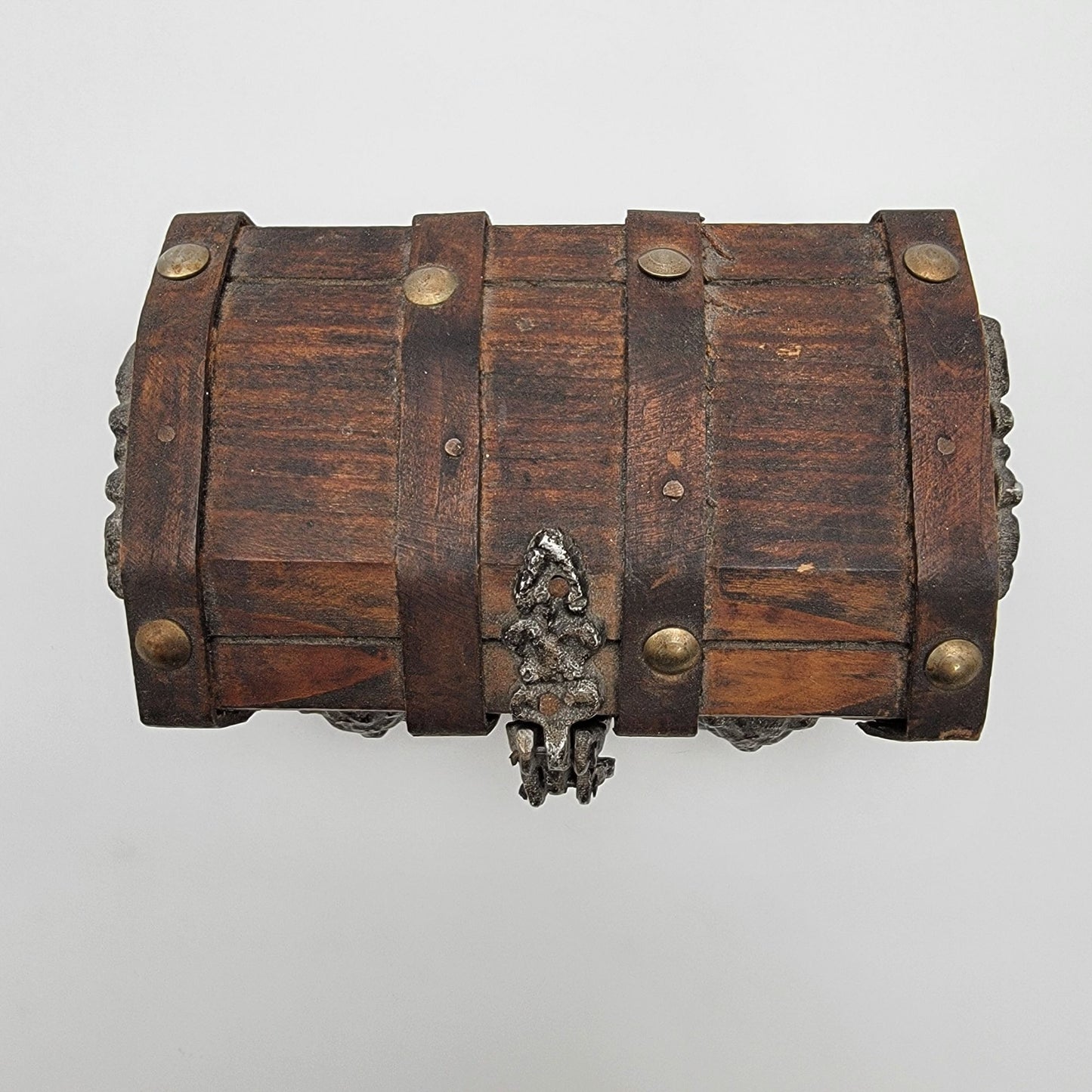 Vintage Wooden Treasure Chest Box With Ornate Lion Head Handles & Metal Accents