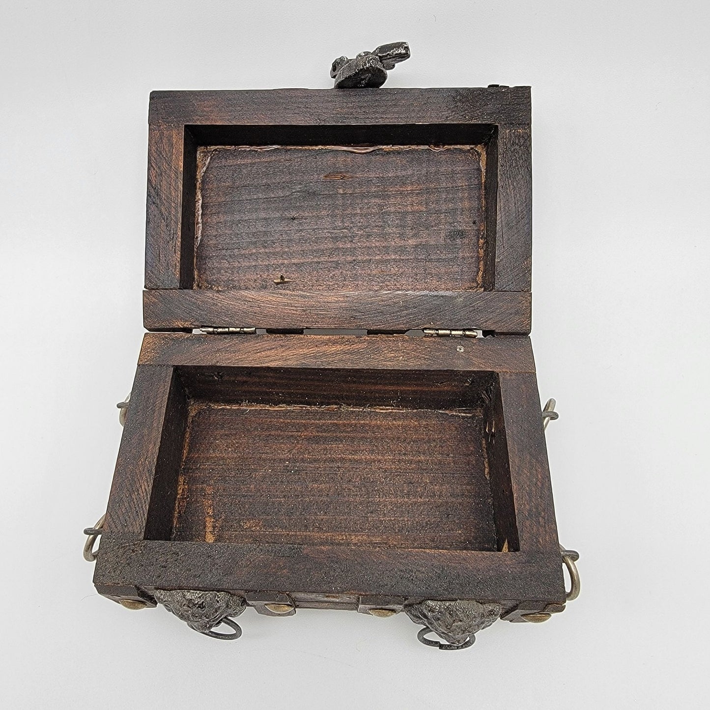 Vintage Wooden Treasure Chest Box With Ornate Lion Head Handles & Metal Accents
