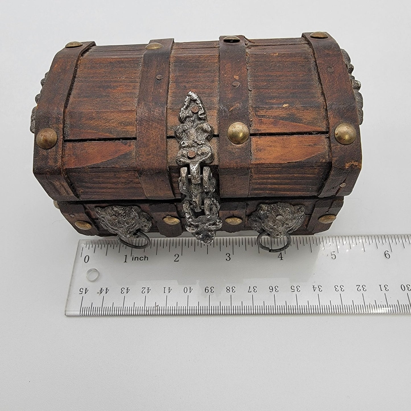 Vintage Wooden Treasure Chest Box With Ornate Lion Head Handles & Metal Accents