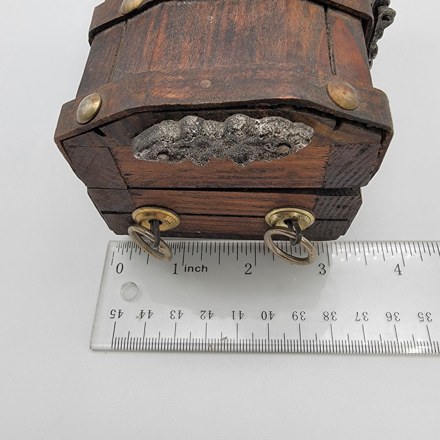 Vintage Wooden Treasure Chest Box With Ornate Lion Head Handles & Metal Accents