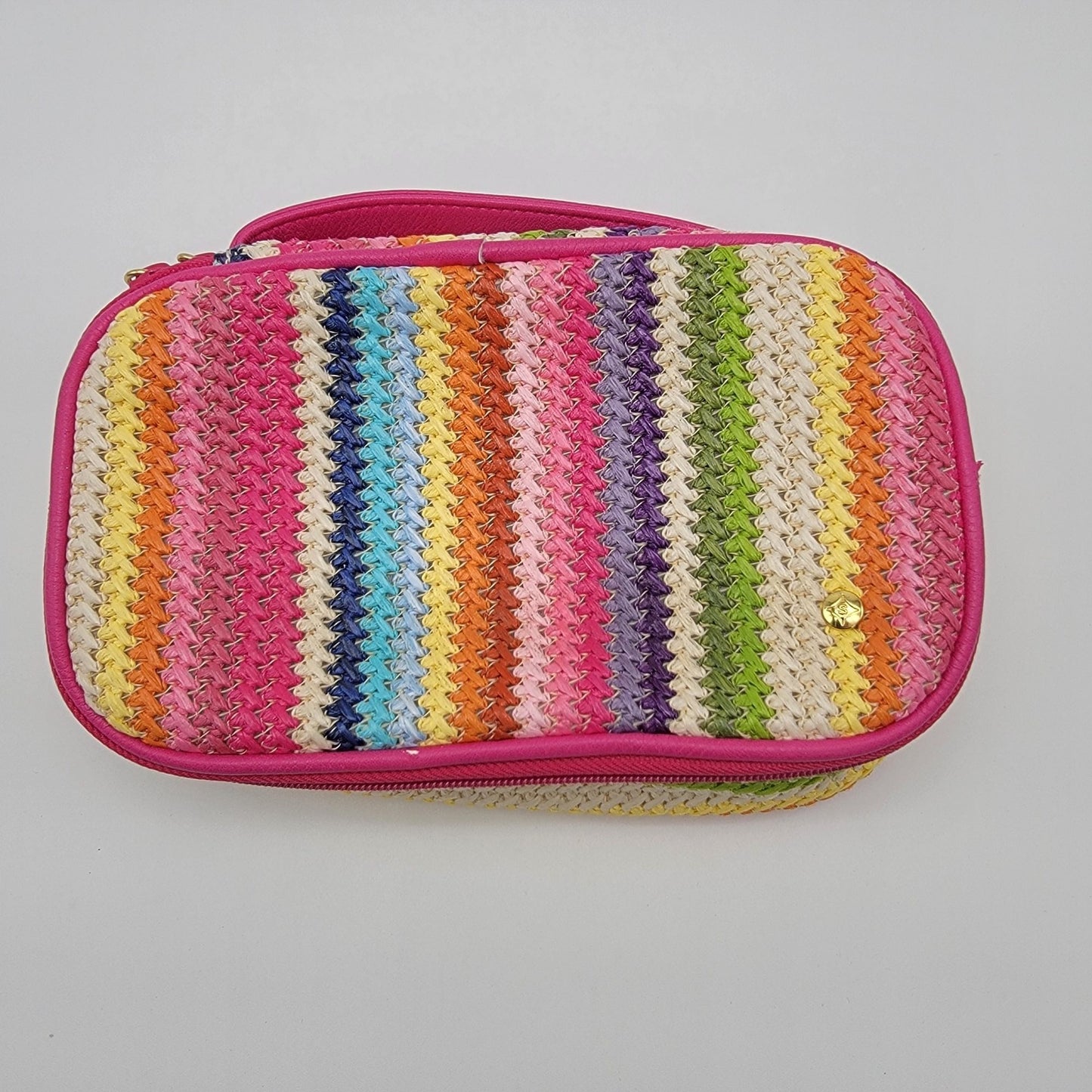 Colorful Rainbow Stripe Woven Zippered Make-Up Bag With Pink Handle