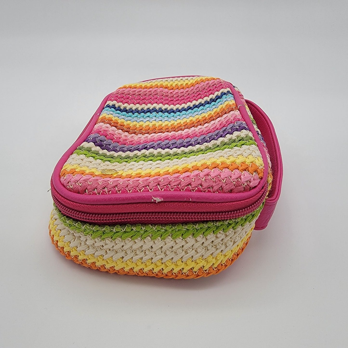 Colorful Rainbow Stripe Woven Zippered Make-Up Bag With Pink Handle
