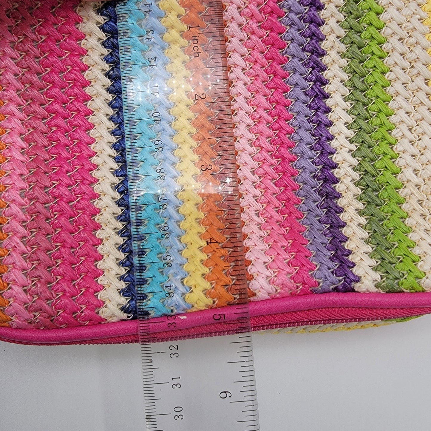 Colorful Rainbow Stripe Woven Zippered Make-Up Bag With Pink Handle