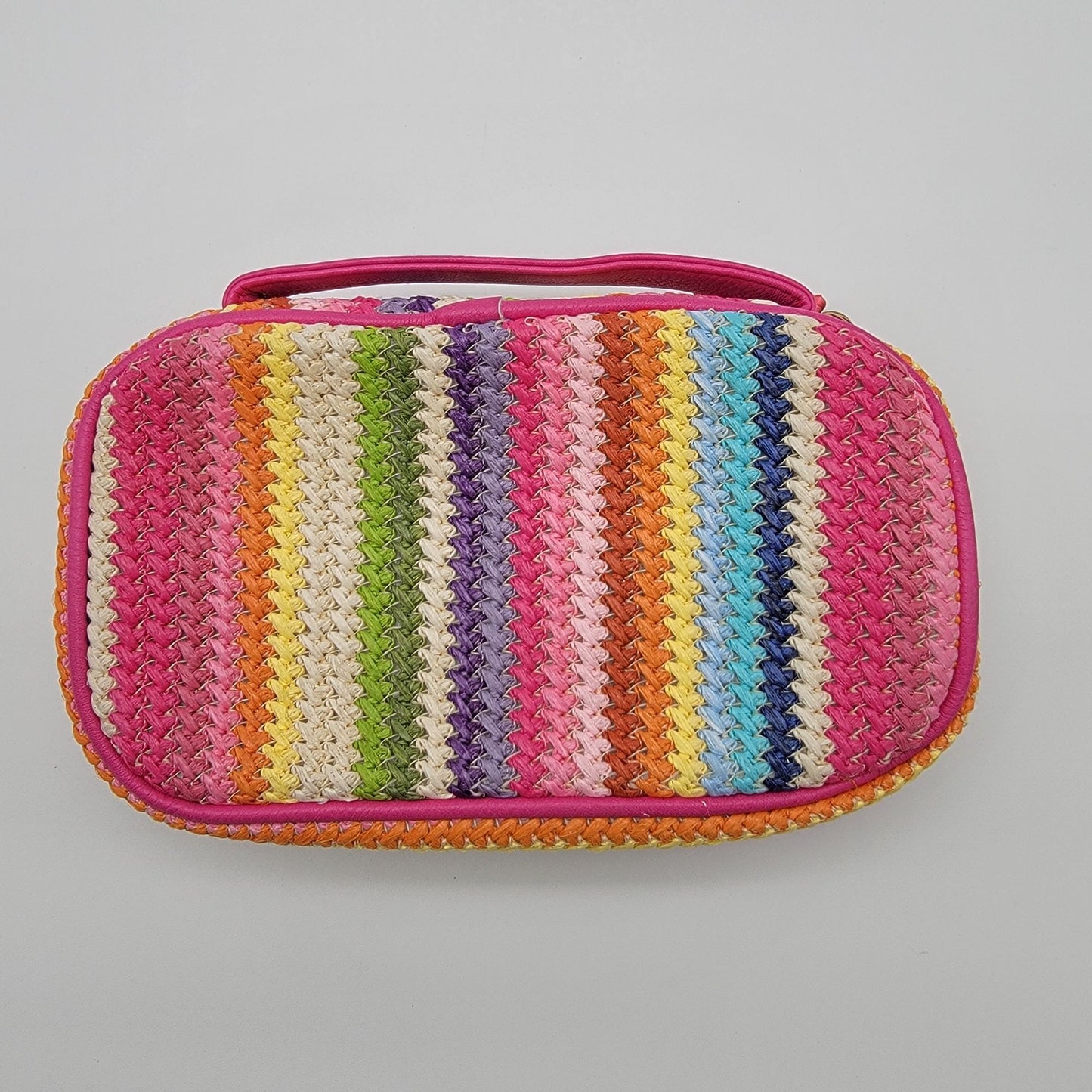 Colorful Rainbow Stripe Woven Zippered Make-Up Bag With Pink Handle
