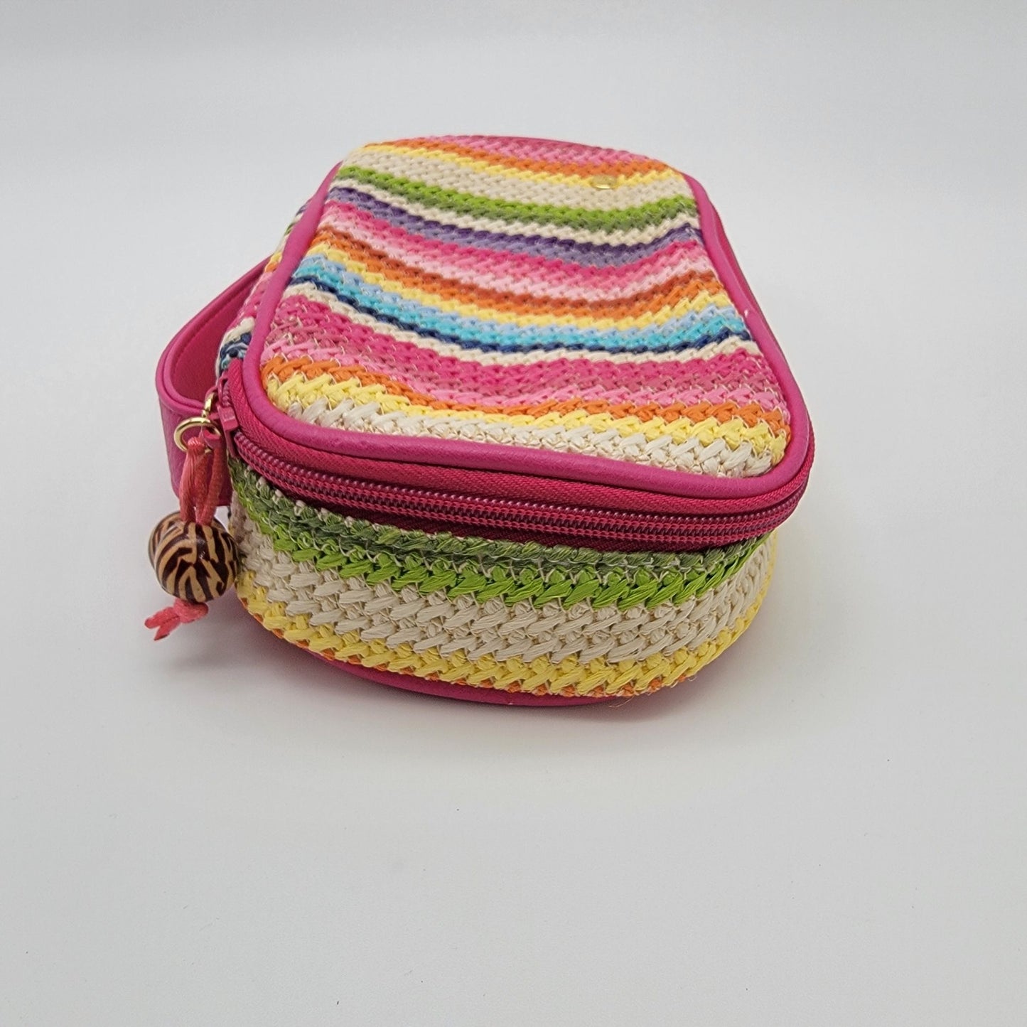 Colorful Rainbow Stripe Woven Zippered Make-Up Bag With Pink Handle