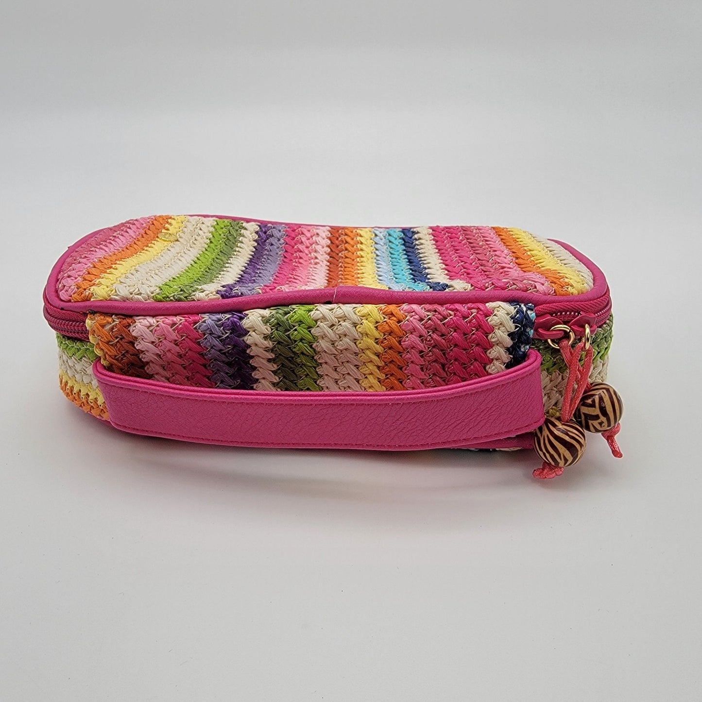 Colorful Rainbow Stripe Woven Zippered Make-Up Bag With Pink Handle