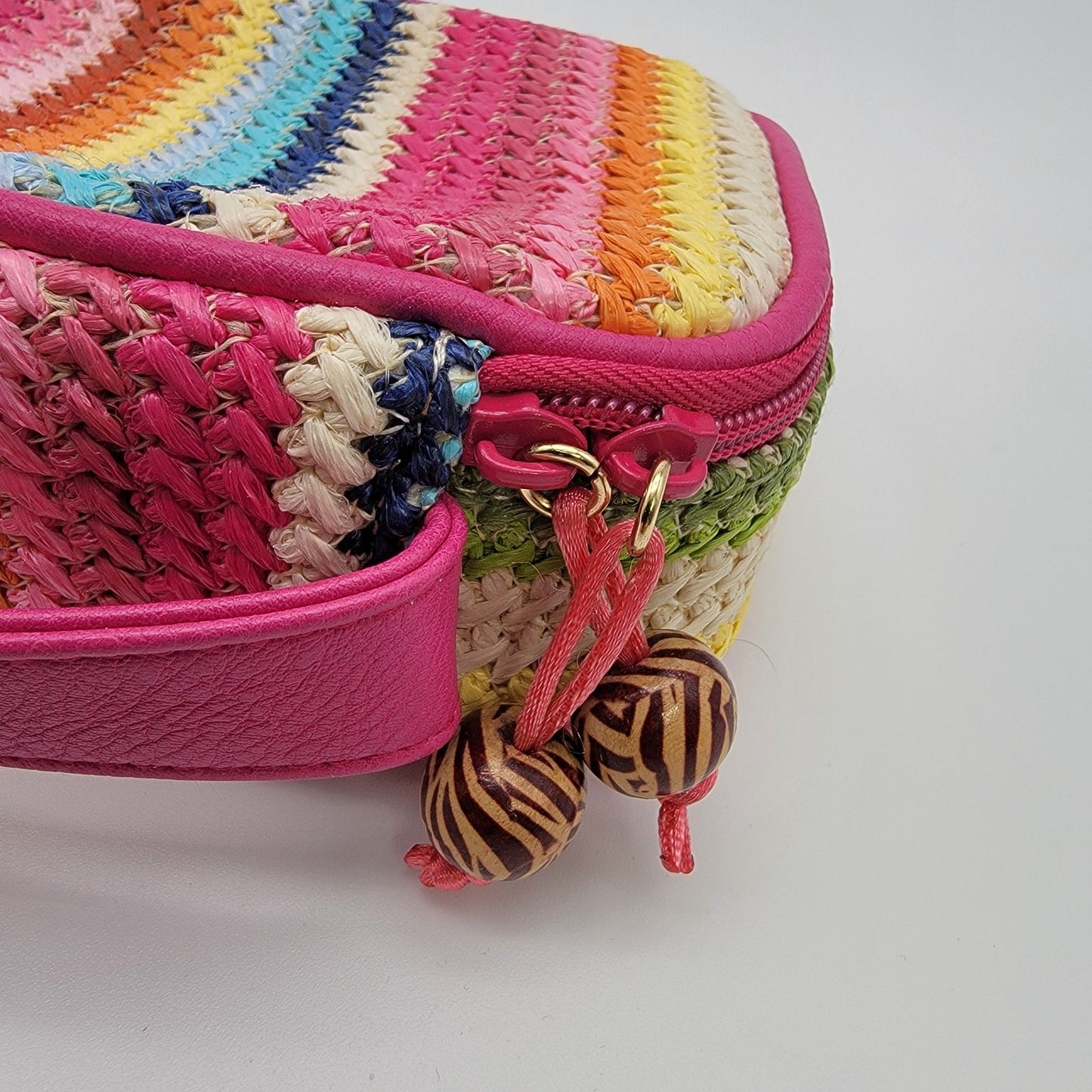 Colorful Rainbow Stripe Woven Zippered Make-Up Bag With Pink Handle
