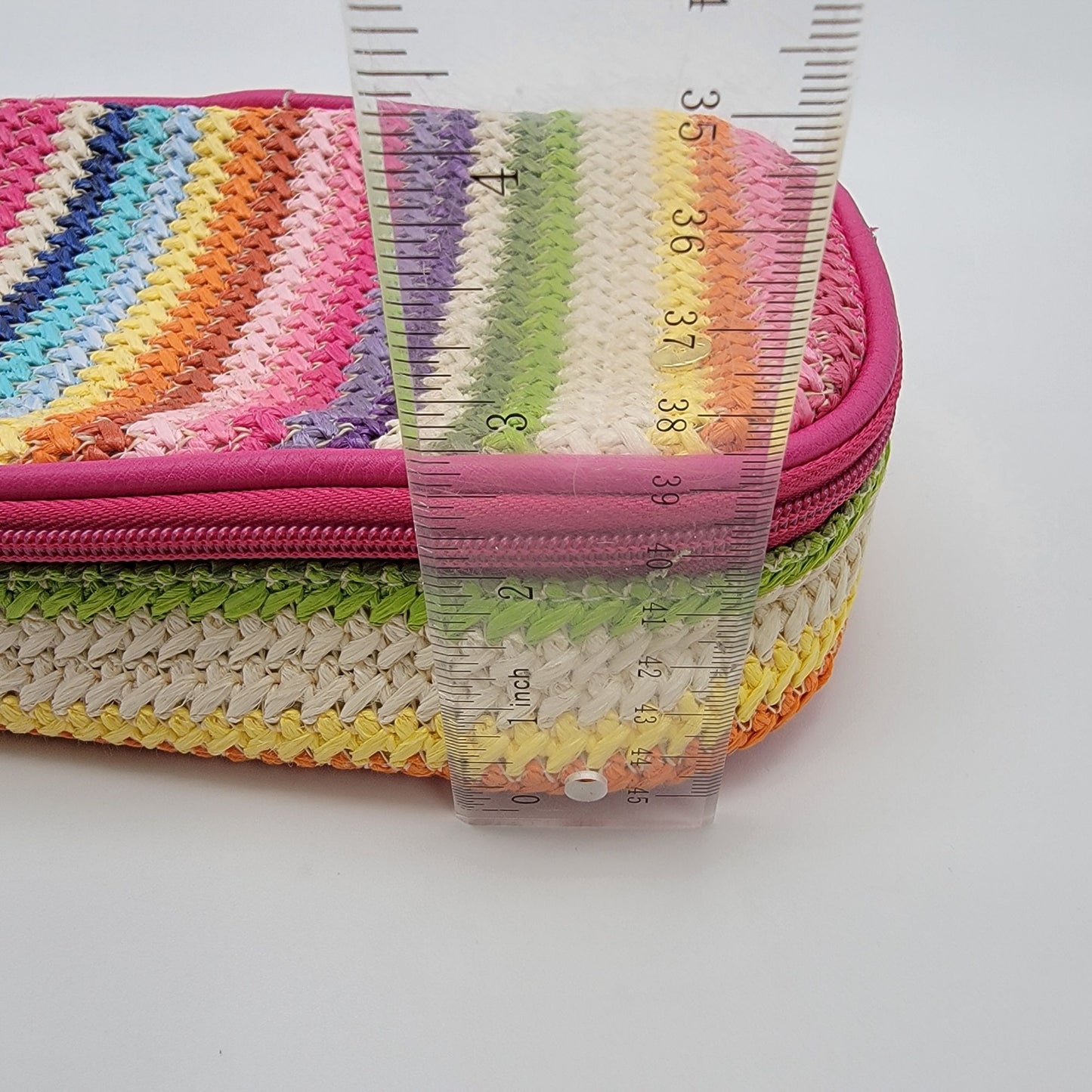 Colorful Rainbow Stripe Woven Zippered Make-Up Bag With Pink Handle