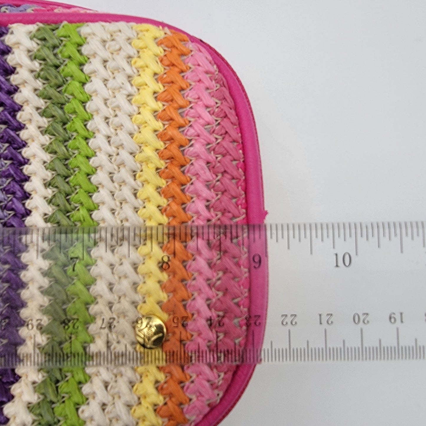 Colorful Rainbow Stripe Woven Zippered Make-Up Bag With Pink Handle